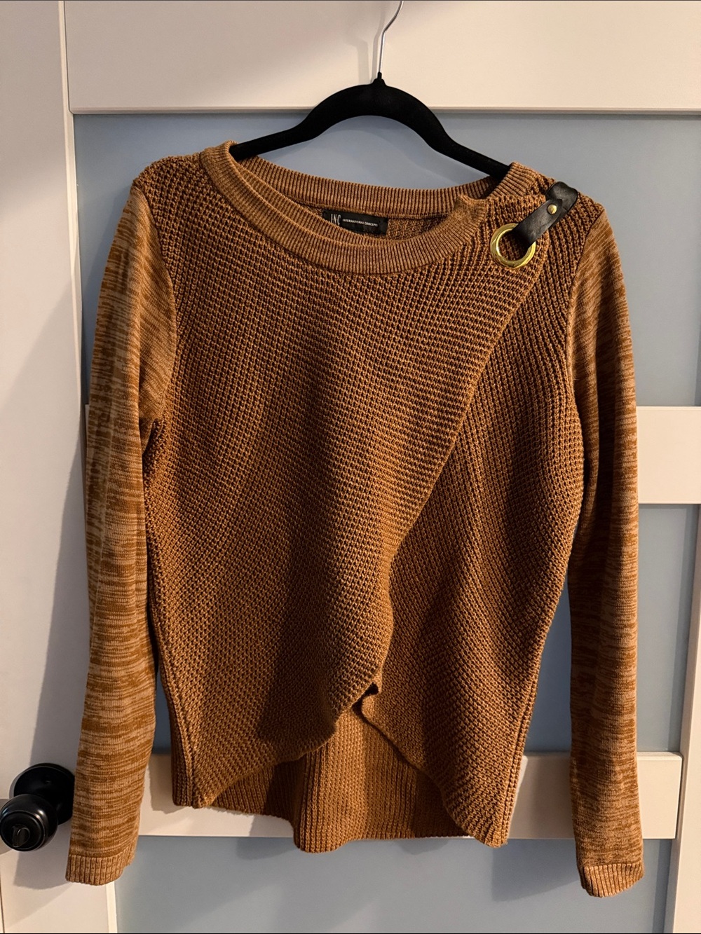 INC International Concepts Rust Brown Crewneck Sweater with Ring Accent